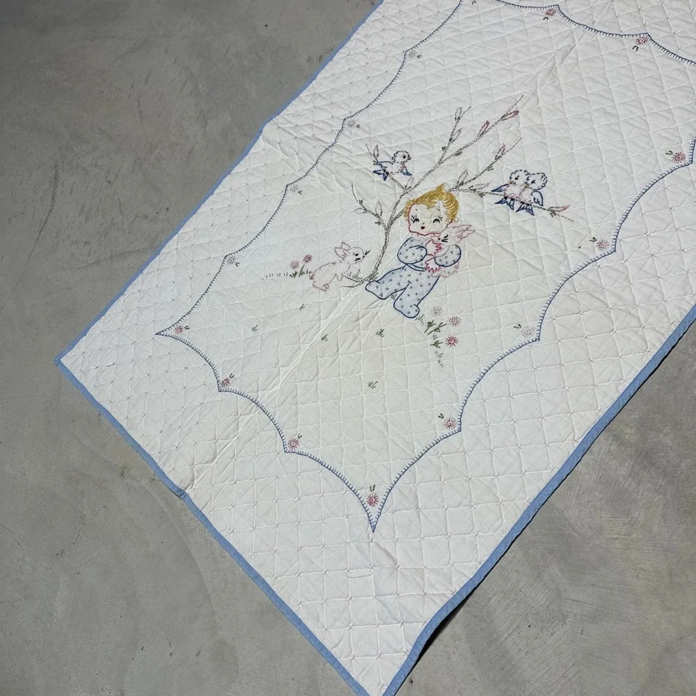 Vintage Handmade Patchwork Bunny Birds Cross Stitched Baby Quilt 29